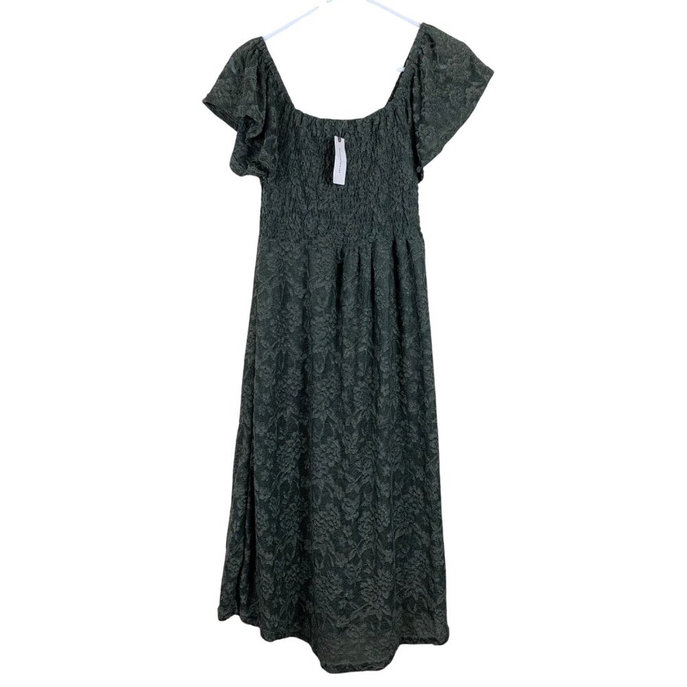Anthropologie Dark Green Midi Dress with Subtle Floral Jacquard